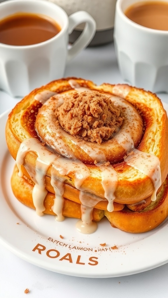 Warm cinnamon roll toast with icing on a plate, served with coffee.